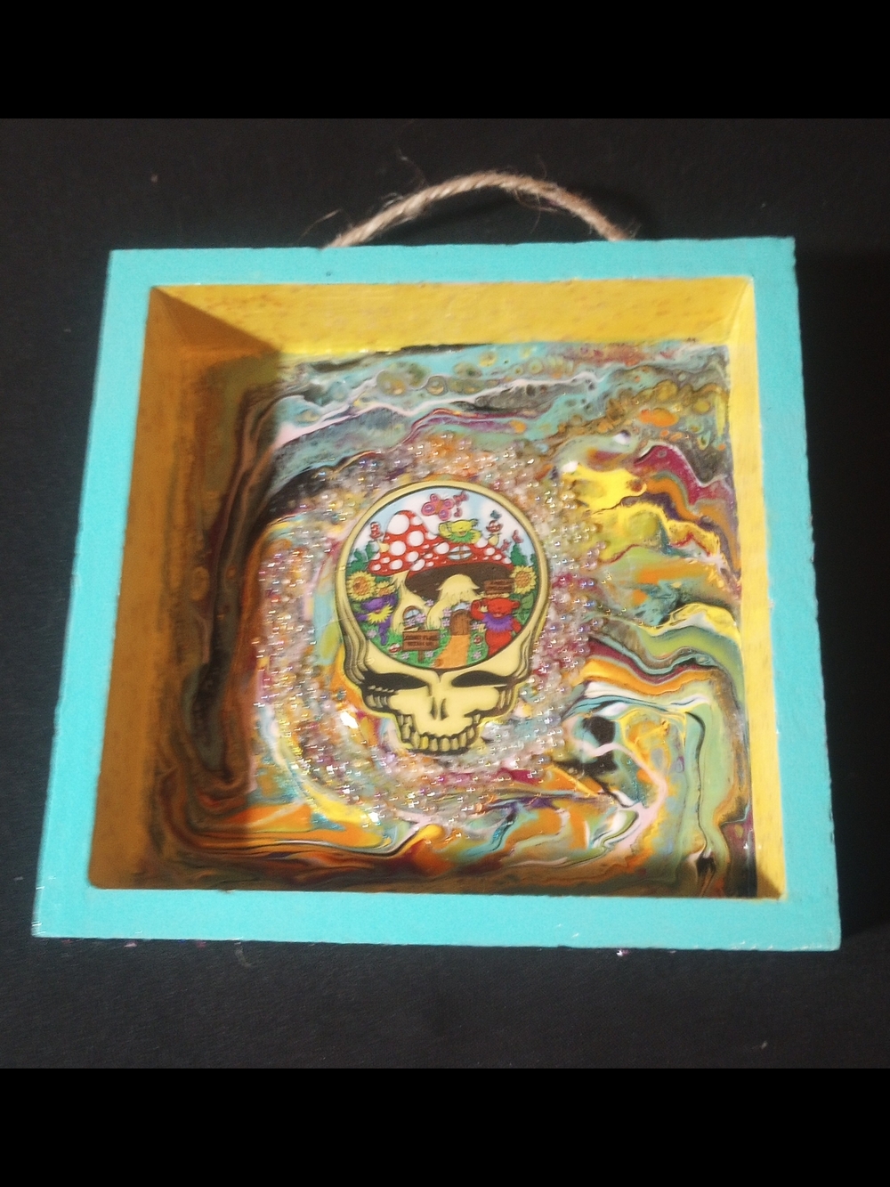 Handmade Turquoise and Yellow Acrylic Pour Wall Art with Grateful Dead Motif